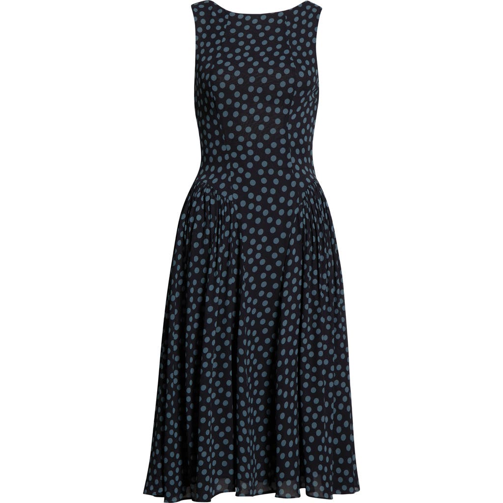 Reformation Anelis Polka Dot Drop Waist Midi Dress In Blue