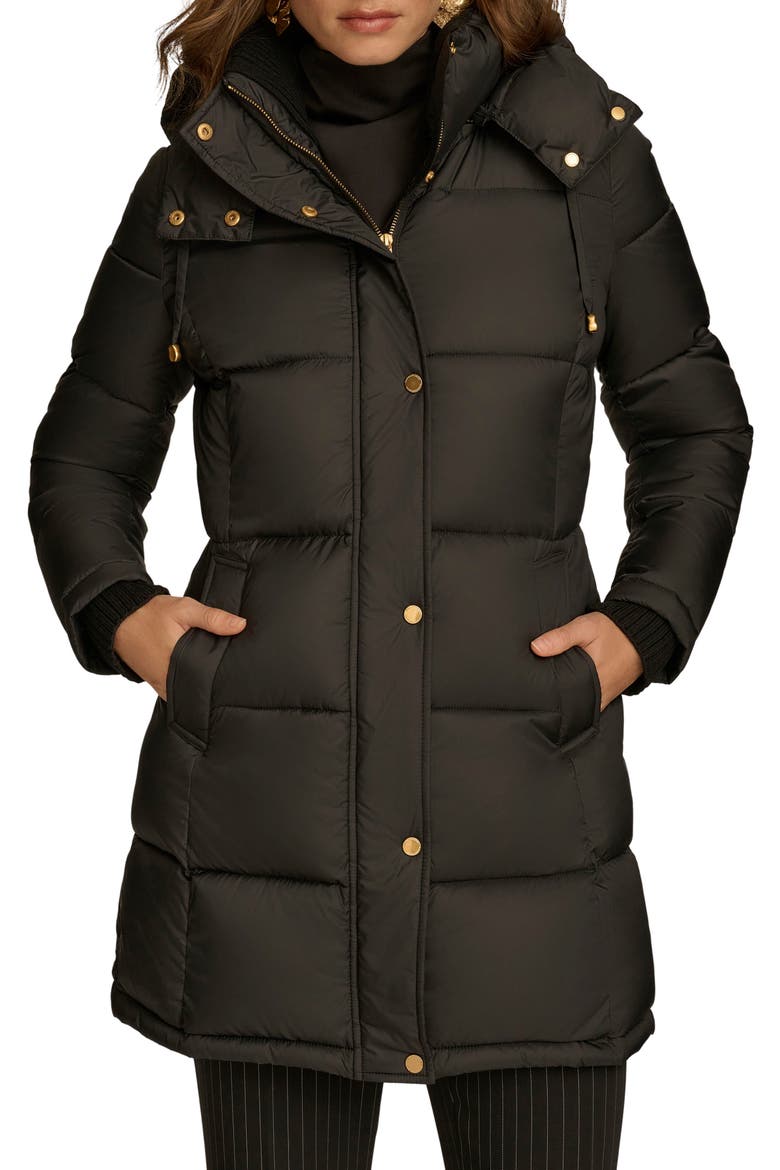 Hooded Ribbed Trim Puffer Jacket, Main, color, BLACK