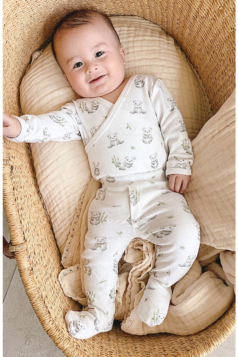 Panda Print Organic Cotton Wrap Bodysuit & Footed Pants Set, Alternate, color, BABY HIPPO