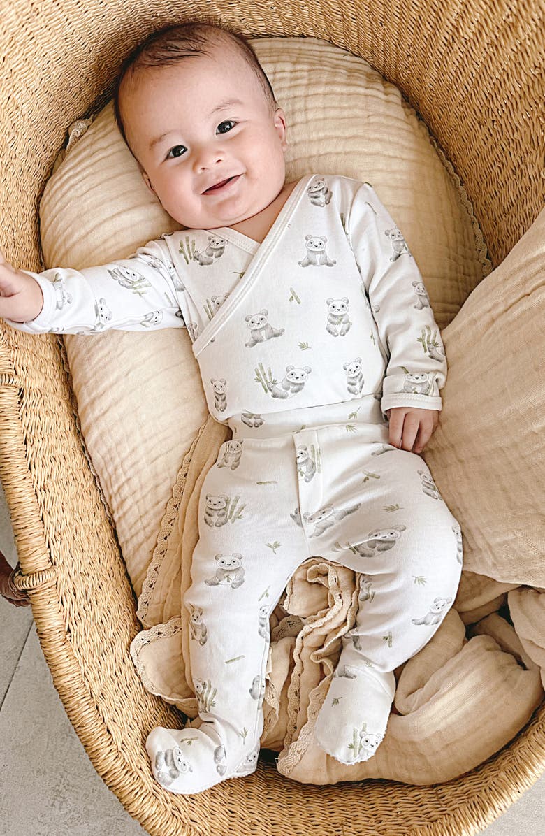 L'ovedbaby Panda Print Organic Cotton Wrap Bodysuit & Footed Pants Set, Alternate, color, Baby Hippo