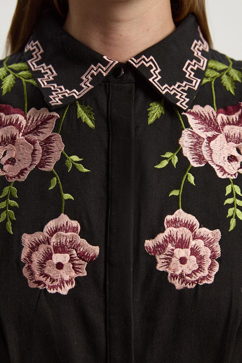 Rose Embroidered Cotton Shirt Dress, Alternate, color, Black