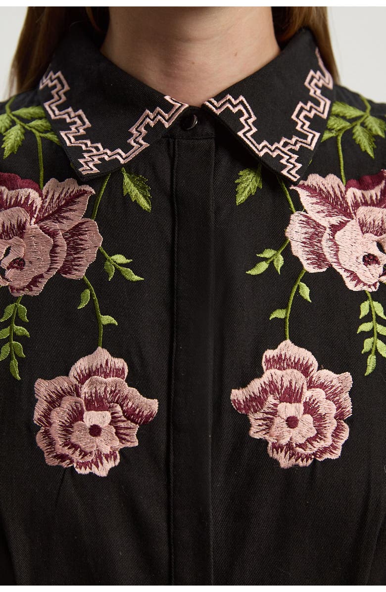 Karen Millen Rose Embroidered Cotton Shirt Dress, Alternate, color, Black