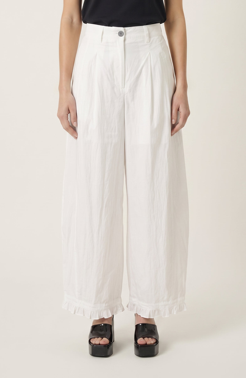 High Waist Wide Leg Pants with Pleats and Ruffle Trim Hems