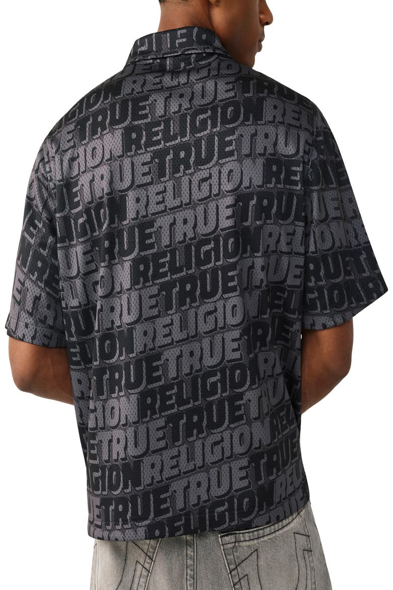 Logo Mesh Short Sleeve Snap-Up Shirt, Alternate, color, JET BLACK