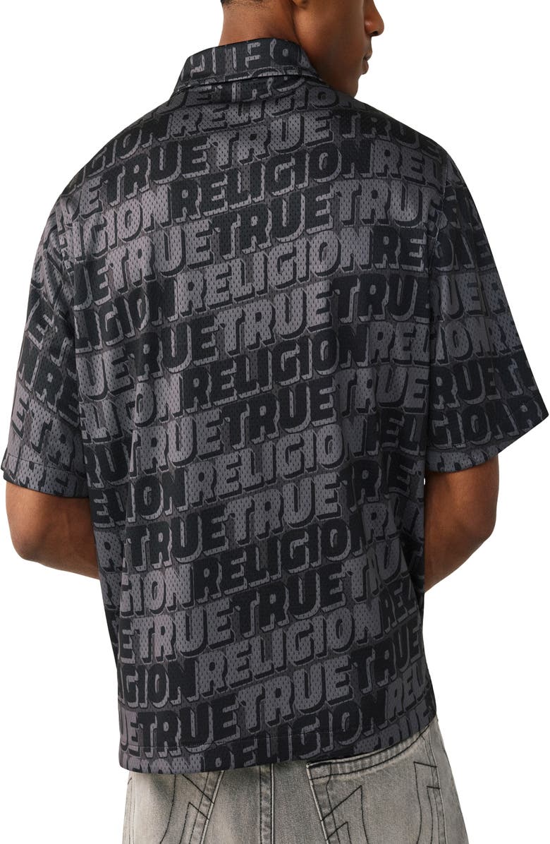 True Religion Logo Mesh Short Sleeve Snap-Up Shirt, Alternate, color, Jet Black
