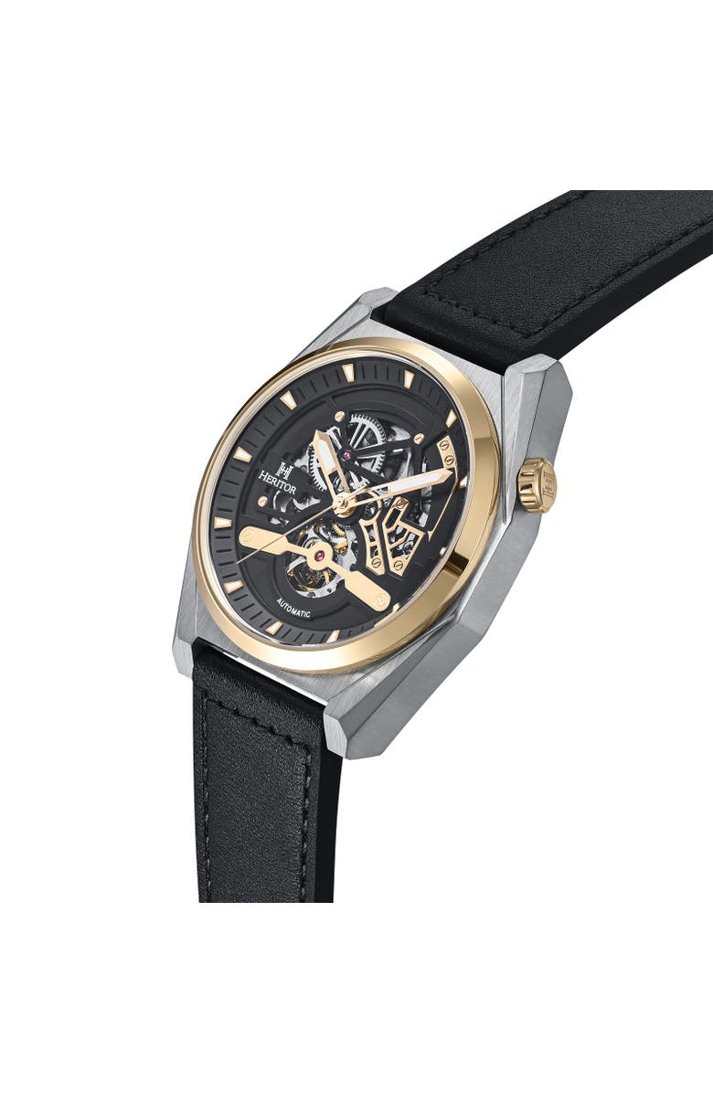 Heritor Automatic Amadeus Semi-Skeleton Leather-Band Watch, Alternate, color, Gold/Black