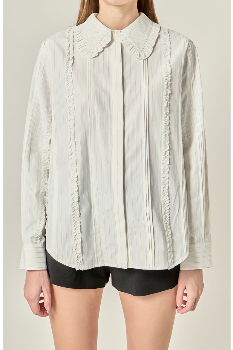 Stripe Pintuck & Ruffle Button-Up Shirt, Alternate, color, WHITE