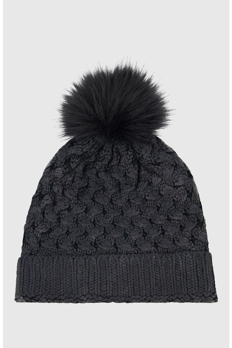 Beanie With Fur-Free Fox (Faux Fur) Pompom, Alternate, color, BLACK METALLIC/BLACK