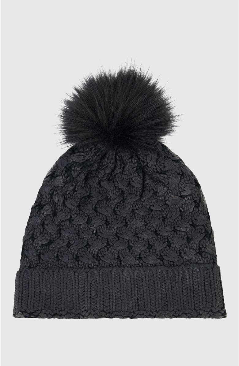 Lyla Grant Beanie With Fur-Free Fox (Faux Fur) Pompom, Alternate, color, Black Metallic/Black