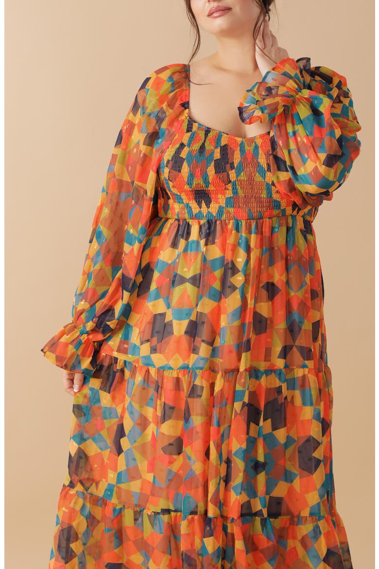 Long Sleeve Clip Dot Chiffon Midi Dress, Alternate, color, RUST NAVY