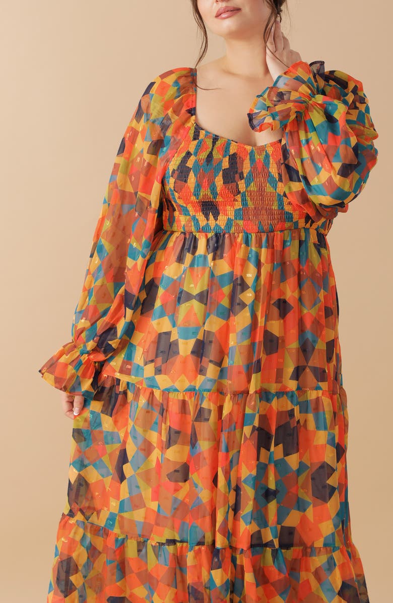 FLYING TOMATO Long Sleeve Clip Dot Chiffon Midi Dress, Alternate, color, Rust Navy