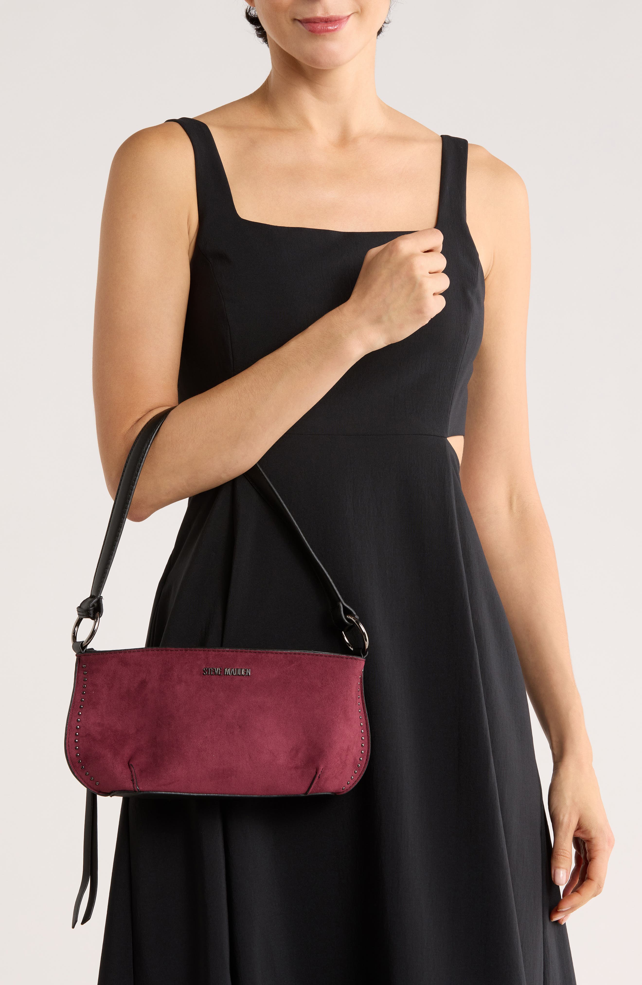 Steve Madden Stud Shoulder Bag, Alternate, color, Suede Bloodstone