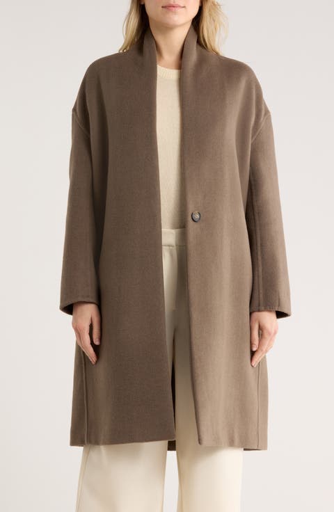 Collarless Wool Blend Longline Coat