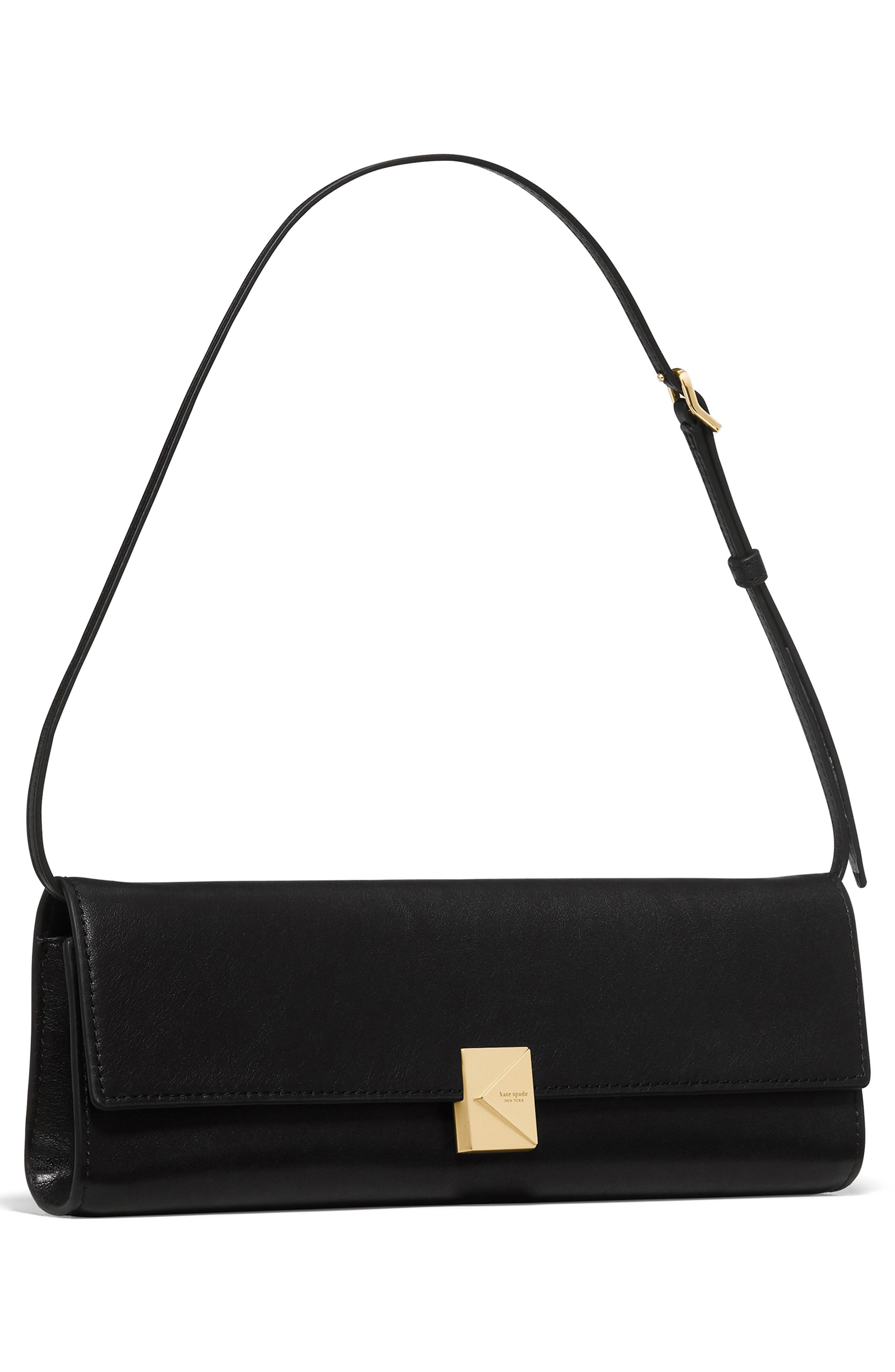 deco soft fine grain leather convertible shoulder bag, Alternate, color, BLACK