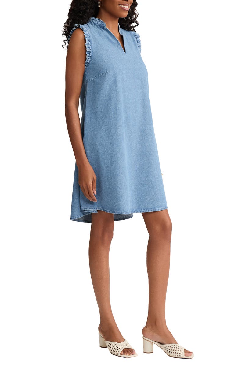 Jones New York Ruffle Sleeveless Chambray Trapeze Dress, Alternate, color, Pisces Wash