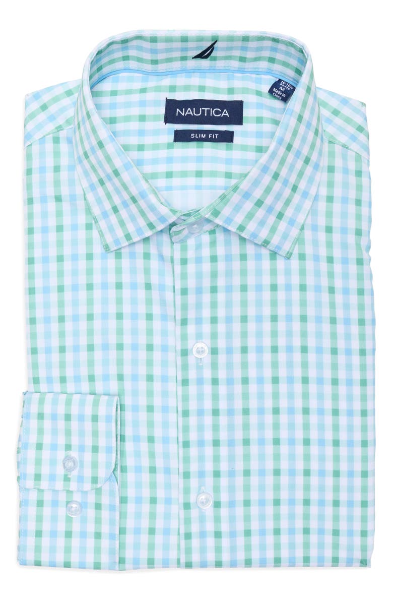 Nautica Check Print Slim Fit Dress Shirt, Main, color, Light Green