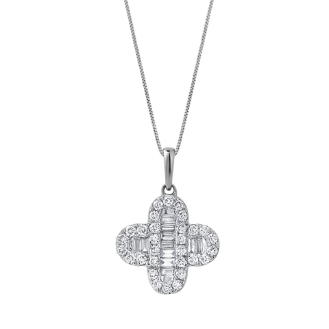 Alina 0.5 Cts 14K Gold Baguette & Round Cut Diamond Clover Pendant with Optional Chain