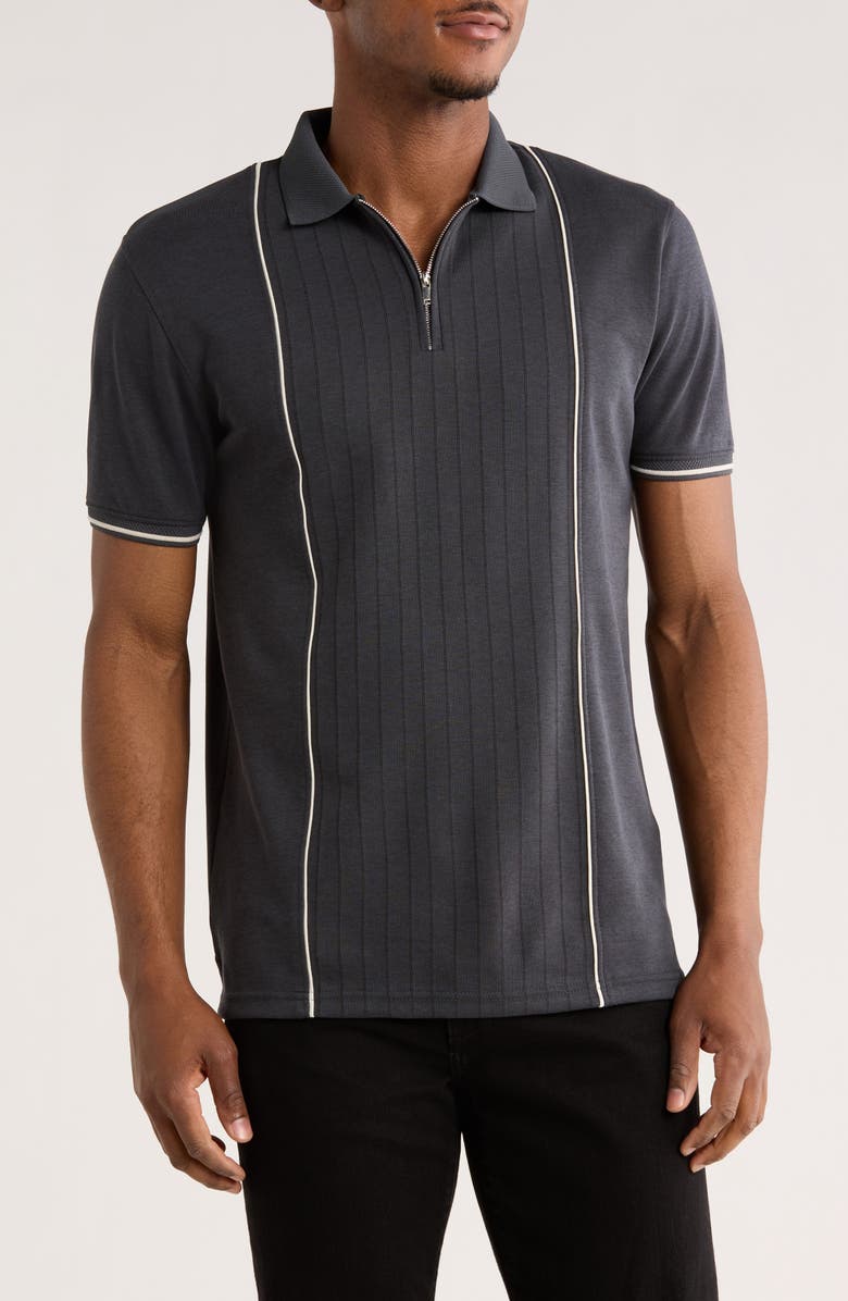 DENIM AND FLOWER Textured Zip Polo, Main, color, Black