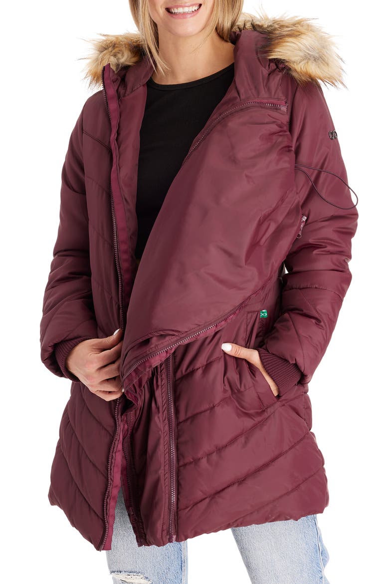 Faux Fur Trim Convertible Puffer 3-in-1 Maternity Jacket, Alternate, color, BURGUNDY