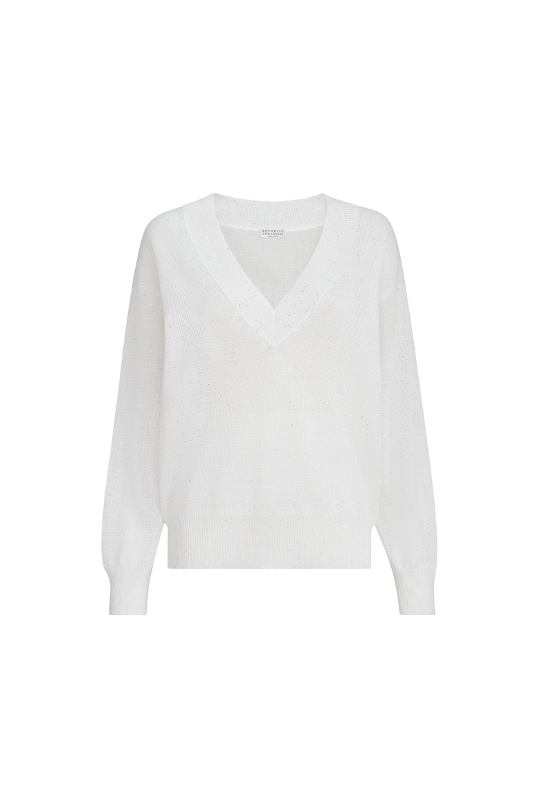 Linen and cotton Diamond yarn sweater, Alternate, color, White