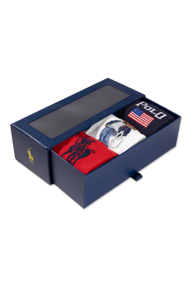 Americana Bear Assorted 3-Pack Cotton Blend Crew Socks Gift Box, Alternate, color, RED MULTI