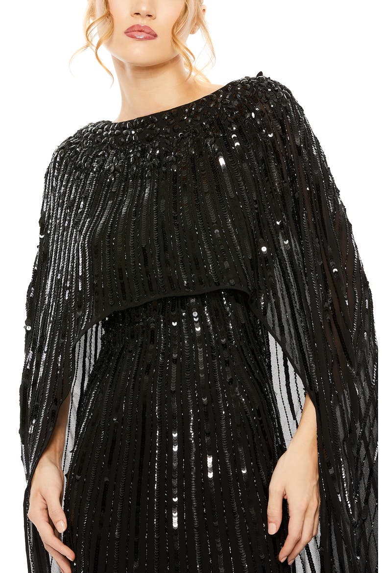 Embellished Beaded Column Cape Gown, Alternate, color, BLACK