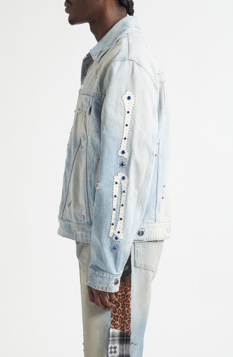 AMIRI Crystal Studded Bones Denim Trucker Jacket, Alternate, color, Perfect Antique Indigo