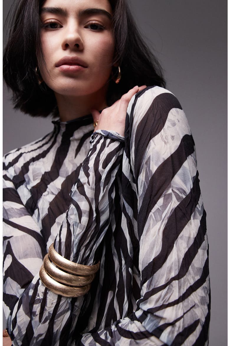 Zebra Print Funnel Neck Long Sleeve Top, Alternate, color, BLACK