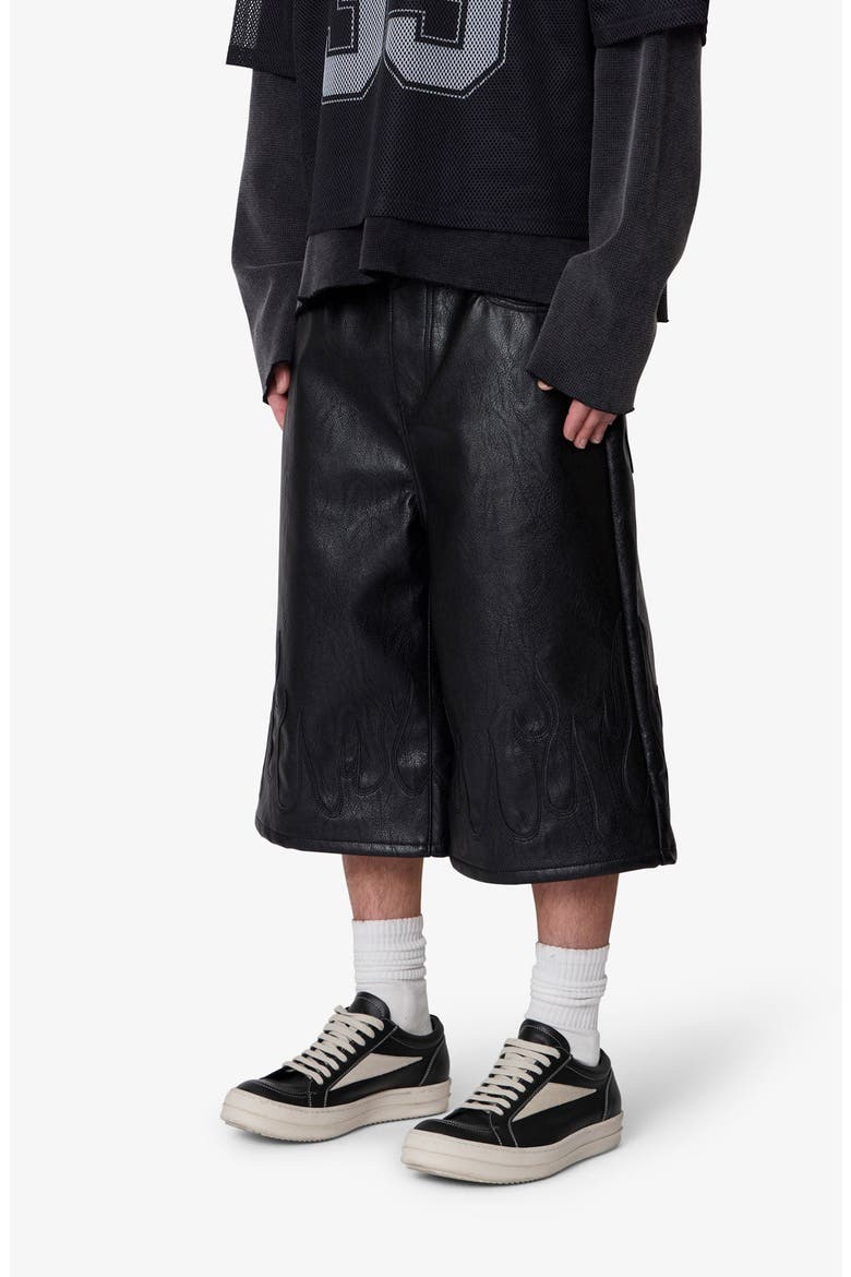Ultra Baggy Flame Appliqué Faux Leather Shorts, Alternate, color, BLACK