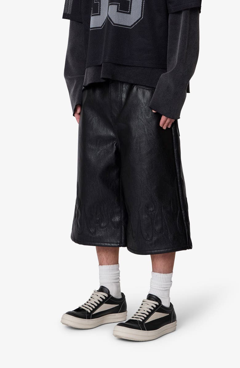 mnml Ultra Baggy Flame Appliqué Faux Leather Shorts, Alternate, color, Black