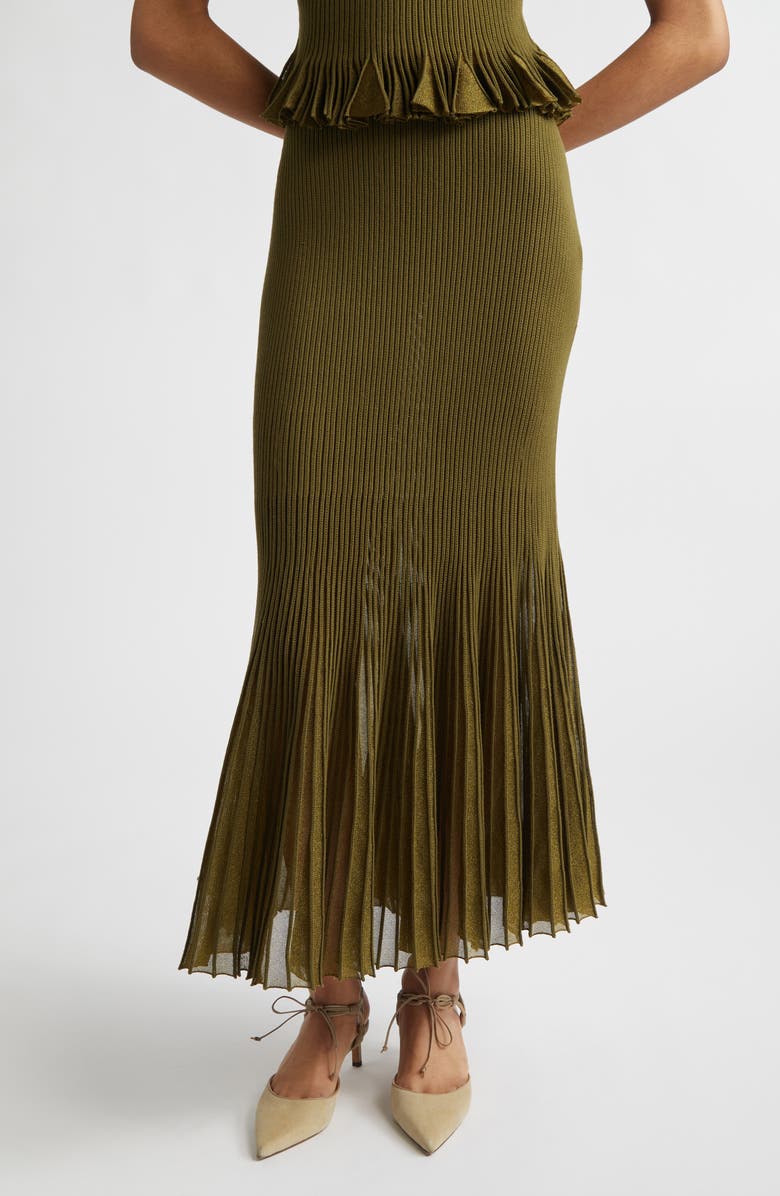 Ulla Johnson Vera Metallic Pleated Midi Skirt, Main, color, Olive