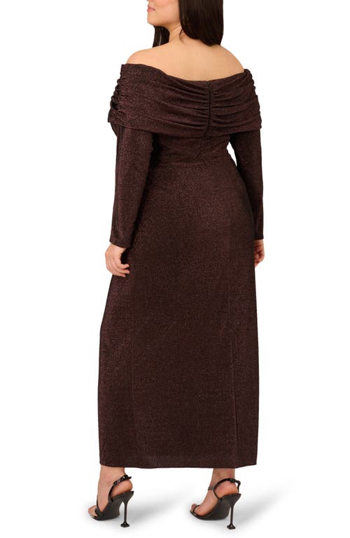 Adrianna Papell Metalllic Knit Off The Shoulder Long Sleeve Gown In Brown
