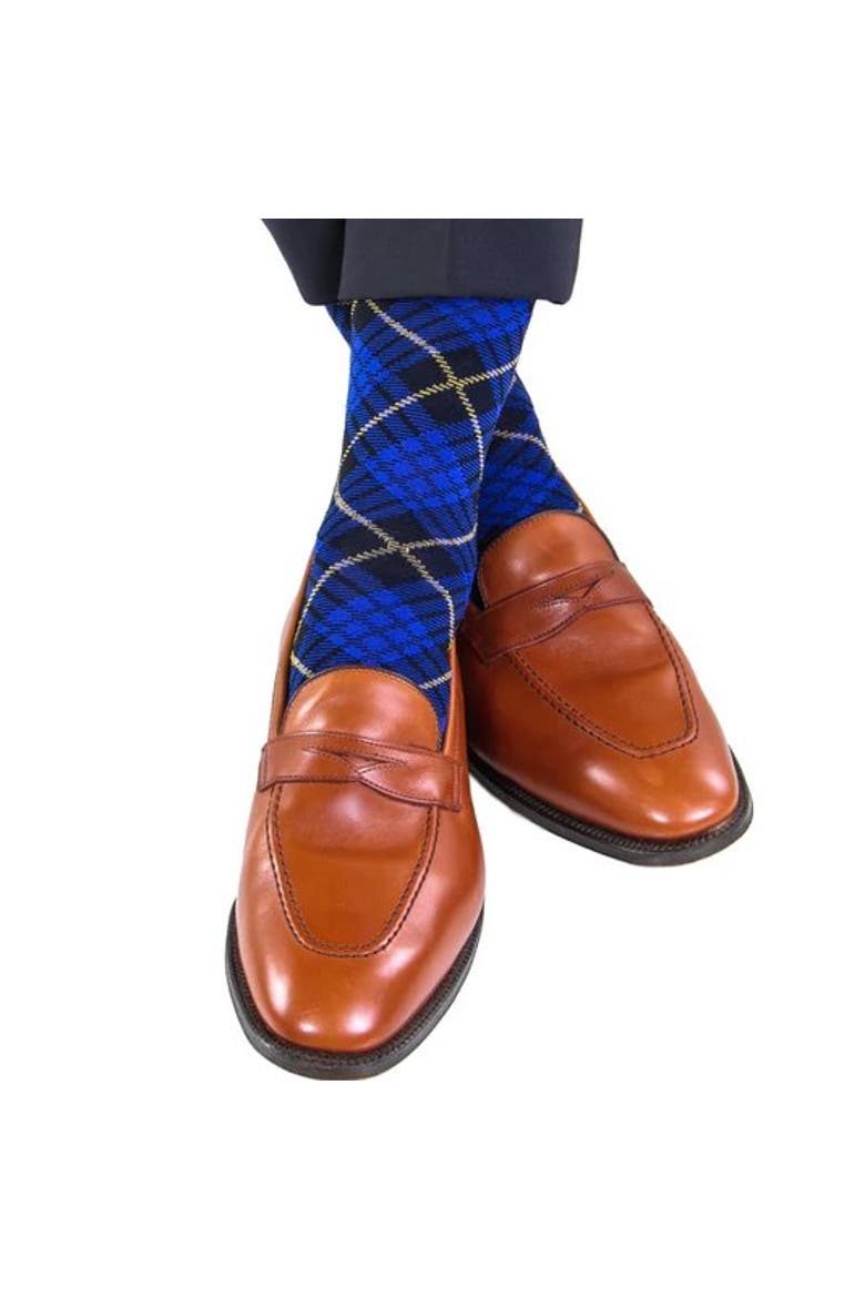 Finn Tartan Plaid Over The Calf Mercerized Cotton Socks, Alternate, color, Blue, Navy, Plaid