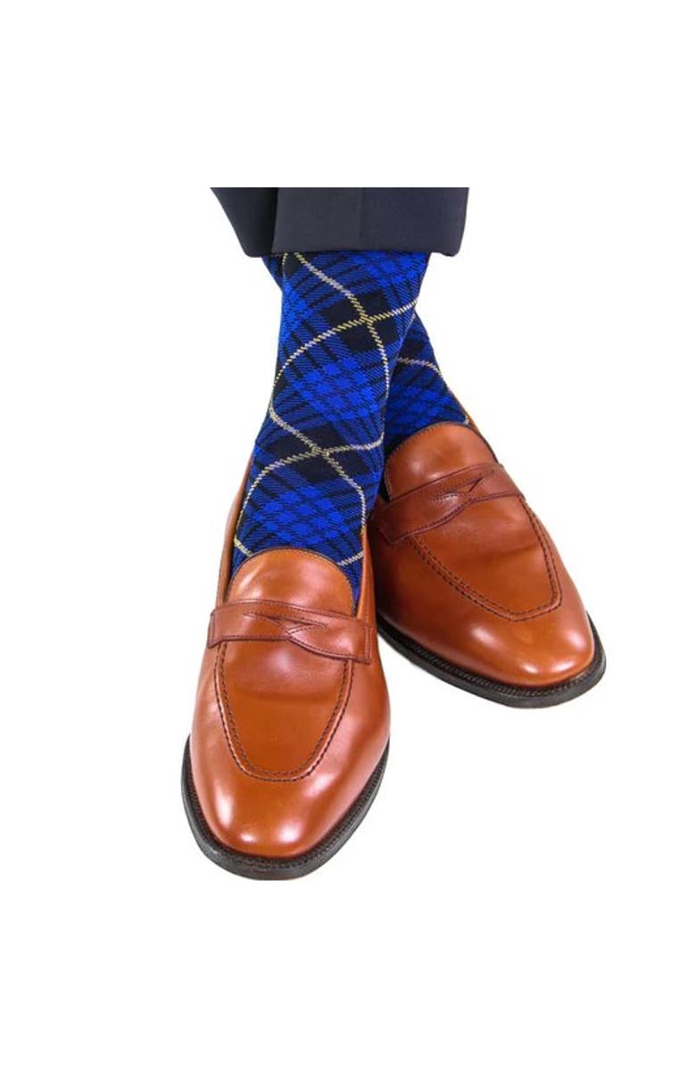 Trafalgar Finn Tartan Plaid Over The Calf Mercerized Cotton Socks, Alternate, color, Blue, Navy, Plaid