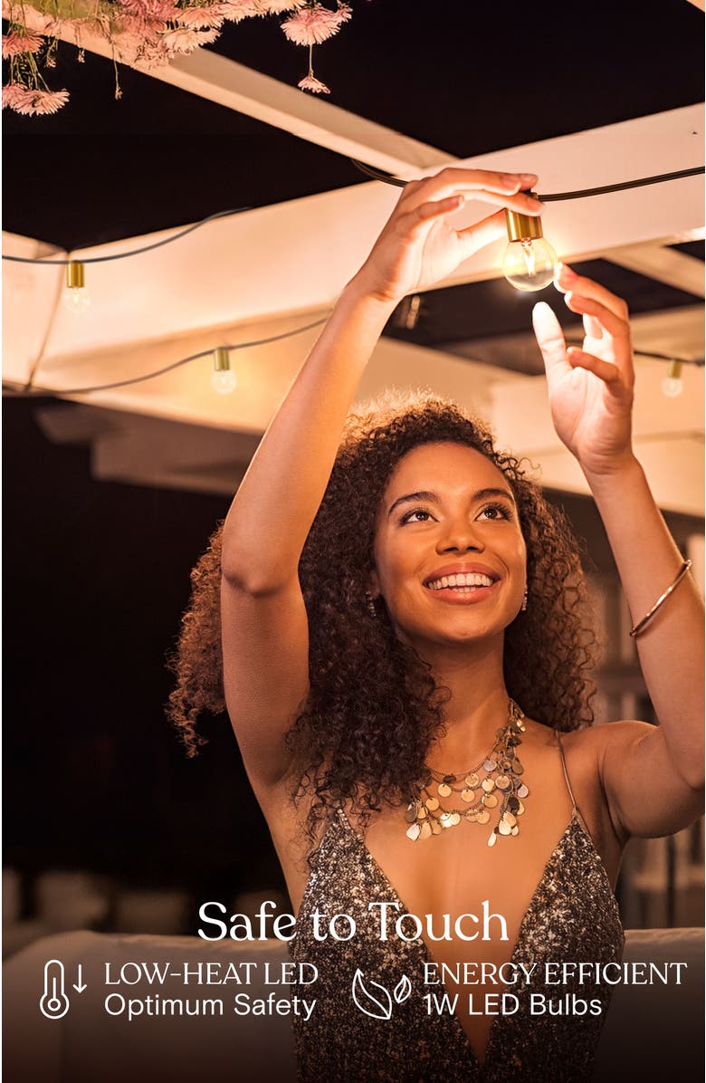 Brightech 27 ft, 12 Light Plug In Heavy Duty Weatherproof LED Outdoor String Lights, Gold Accent Brass Socket and Round Bulbs, Alternate, color, 27 Ft 12 Bulbs | Soft White