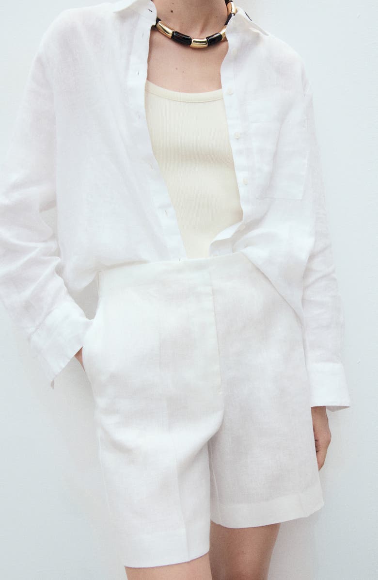 MANGO Straight Fit Linen Shorts, Alternate, color, Off White