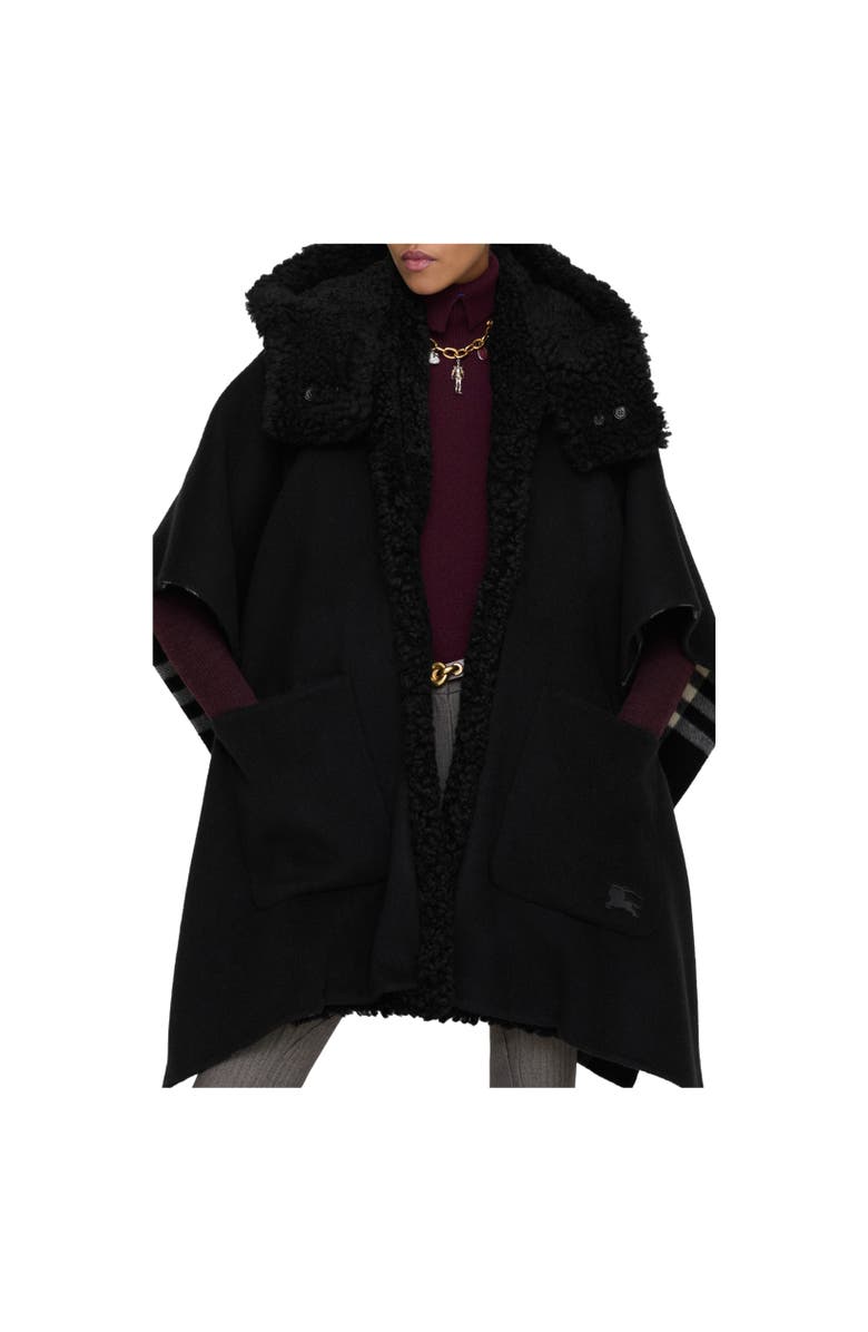 Burberry Reversible Shearling Trim Check Cashmere Cape, Alternate, color, Black/Calico Beige