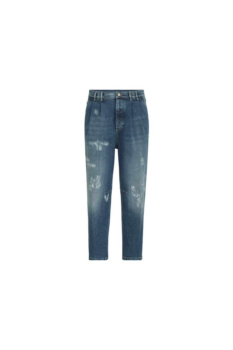 Comfort cotton denim iconic fit five-pocket trousers with double pleats and rips, Alternate, color, Medium Denim