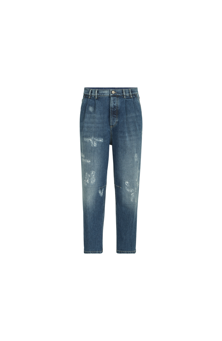 Brunello Cucinelli Comfort cotton denim iconic fit five-pocket trousers with double pleats and rips, Alternate, color, Medium Denim