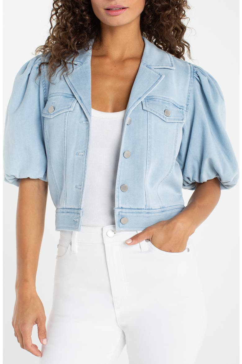Puff Sleeve Cropped Denim Trucker Jacket, Main, color, MARINE SEA