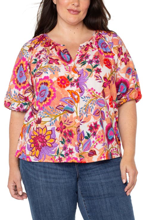 Floral Print Puff Sleeve Button-Up Shirt (Plus)