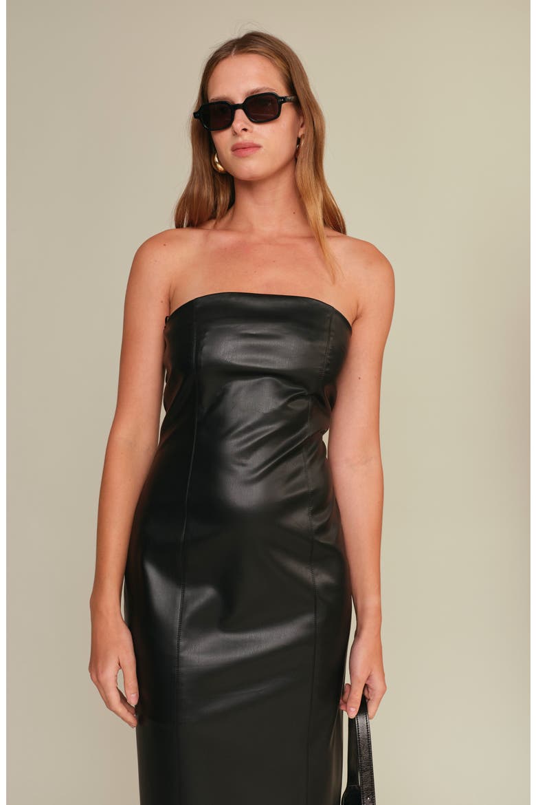 Emmet Strapless Faux Leather Dress, Alternate, color, BLACK
