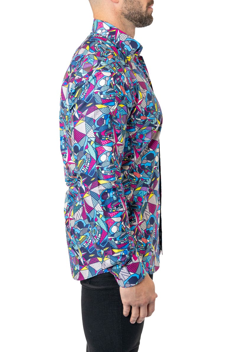 Maceoo Fibonacci Abstract Skull Cotton Button-Up Shirt, Alternate, color, Blue