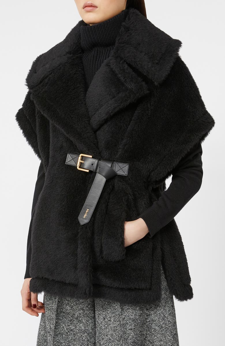 Max Mara Belted Teddy Bear Cape, Alternate, color, Black