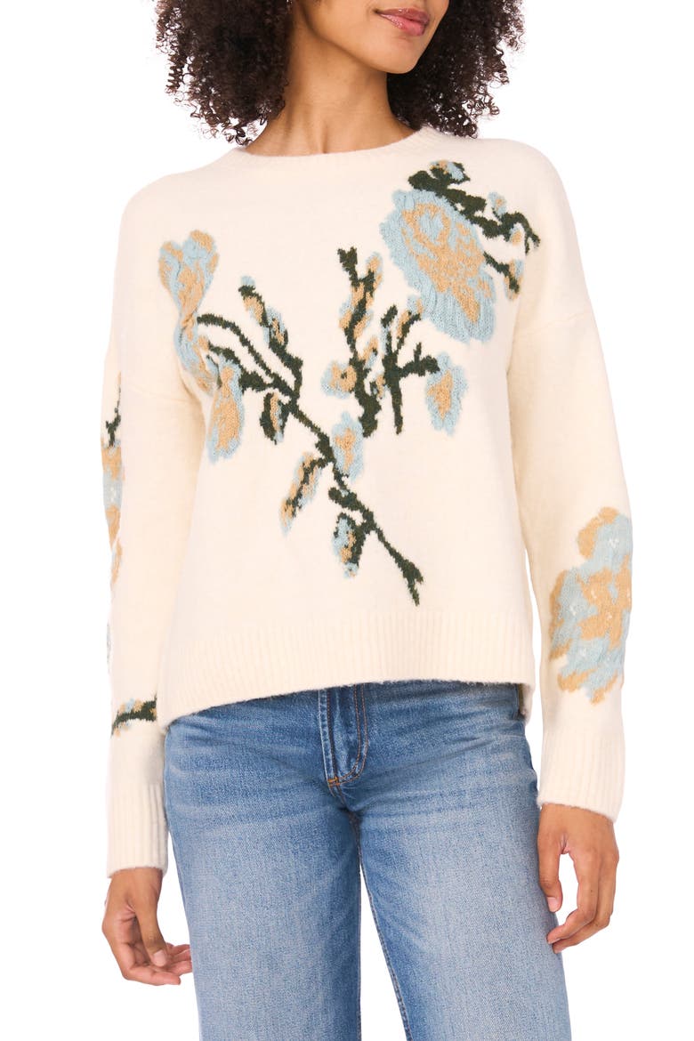 Flower Crewneck Sweater, Main, color, VANILLA ICE/ COOL MINT