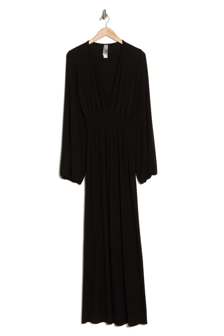 Plunge Neck Floral Long Sleeve Maxi Dress, Alternate, color, BLACK RIB
