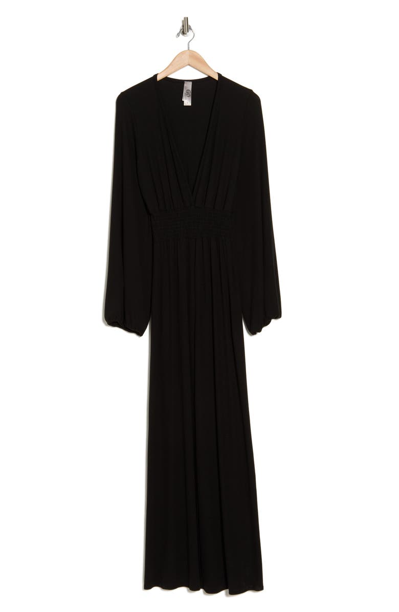 GO COUTURE Plunge Neck Floral Long Sleeve Maxi Dress, Alternate, color, Black Rib