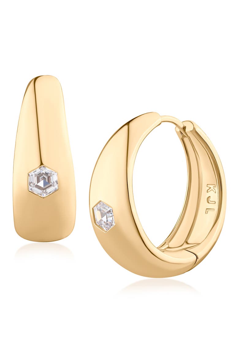 Cubic Zirconia Accent Sculpted Hoop Earrings, Main, color, GOLD PLATED