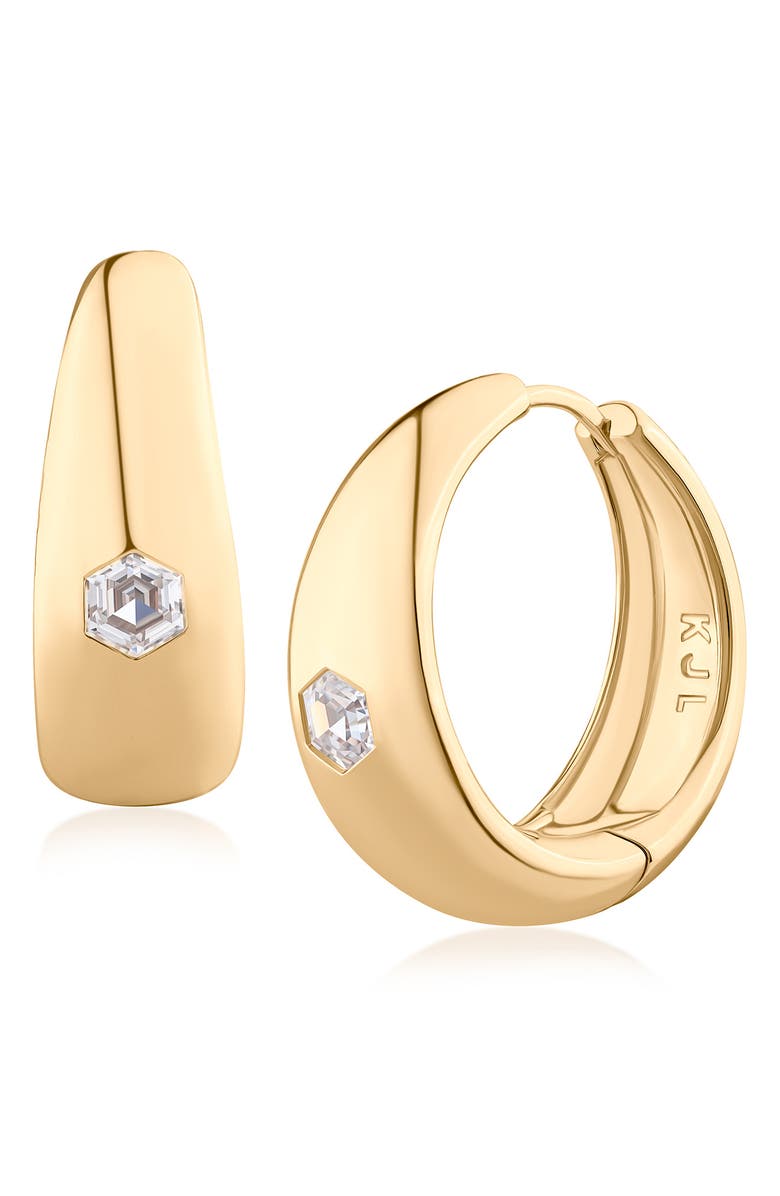 CZ by Kenneth Jay Lane Cubic Zirconia Accent Sculpted Hoop Earrings, Main, color, Gold Plated