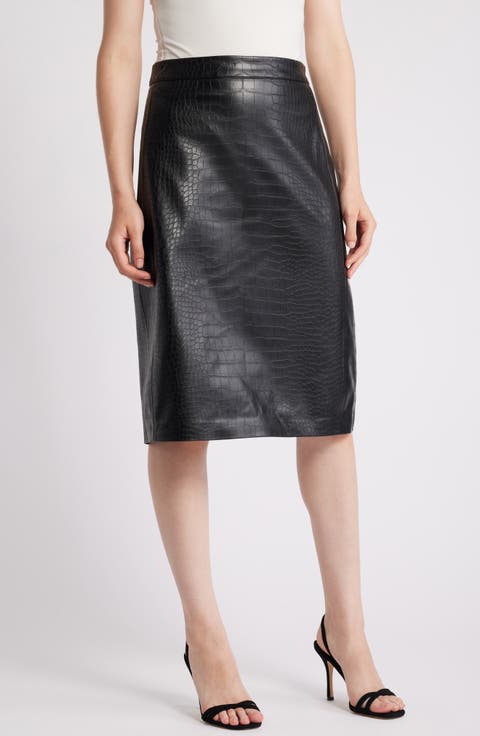 Croc Embossed Faux Lether Midi Skirt